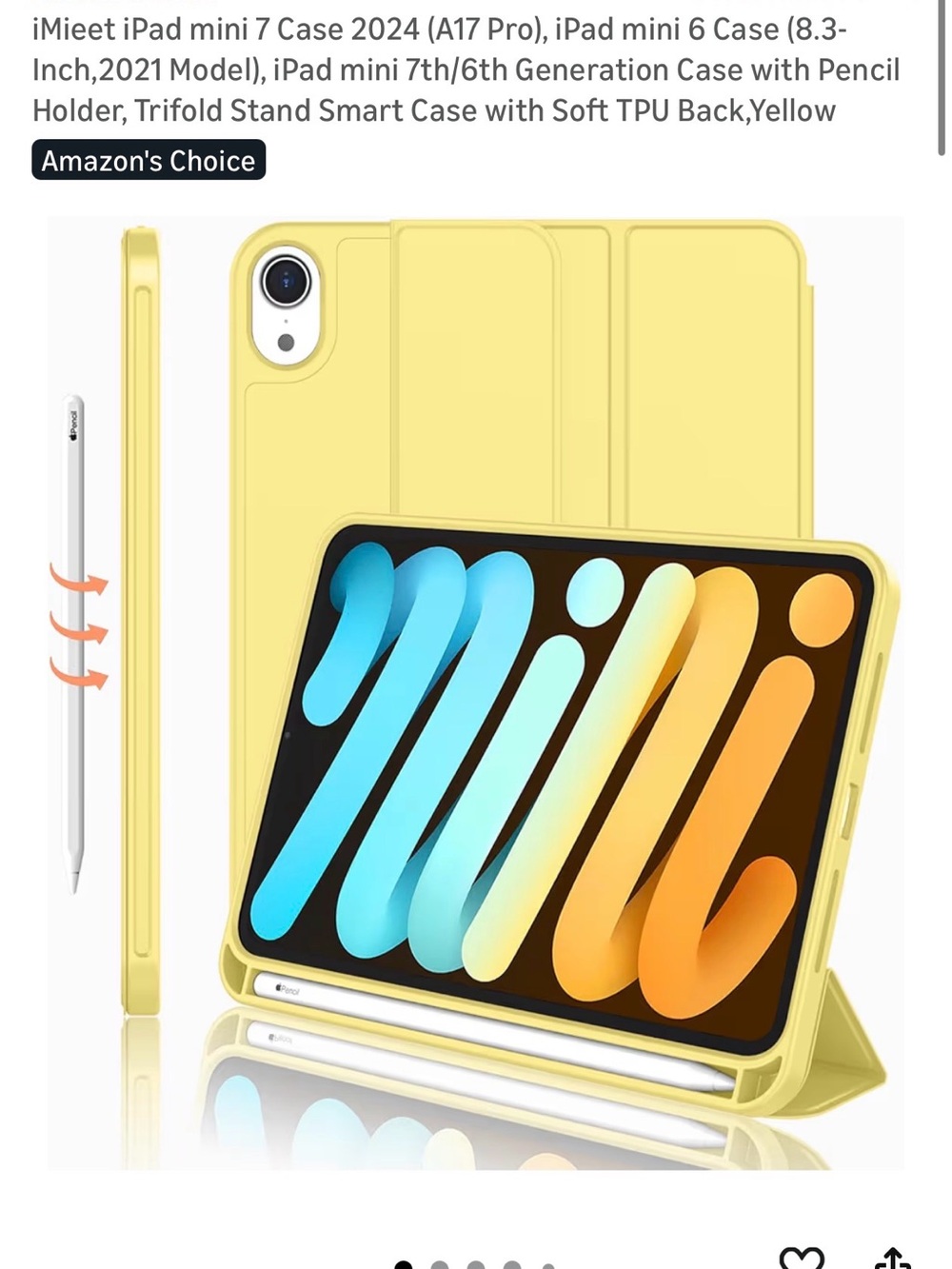 iPad mini Case (Yellow) - Trifold Smart Case with Pencil Holder